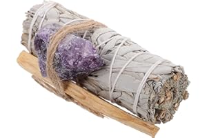 Toyvian Sage Smudge Bundle with White Sage Stick, Peruvian Palo Santo, Amethyst Crystal – Natural