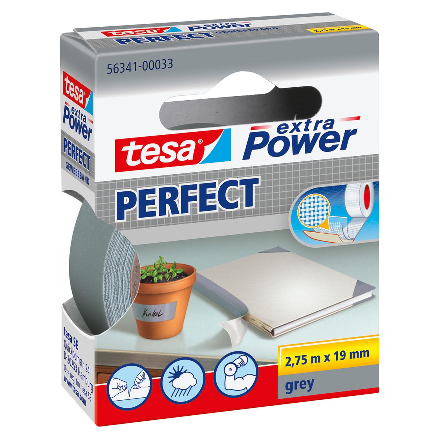 tesa UK Extra Power Perfect, Grey, 2.75 m x 19 mm