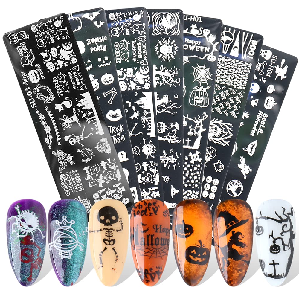 Halloween Nail Art Stamping Plate - JMEOWIO 6 Sheets Pumpkin Skull Ghost Witch Image Plate Nail Art Design Stamp Kit Manicure Template Set