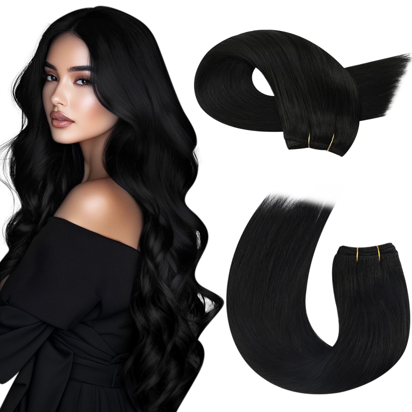 Moresoo Black Hair Extensions Weft Sew in Human Hair Extensions Remy Hair Wefts Real Human Hair 14 Inch 100G/Pack #1 — image 1