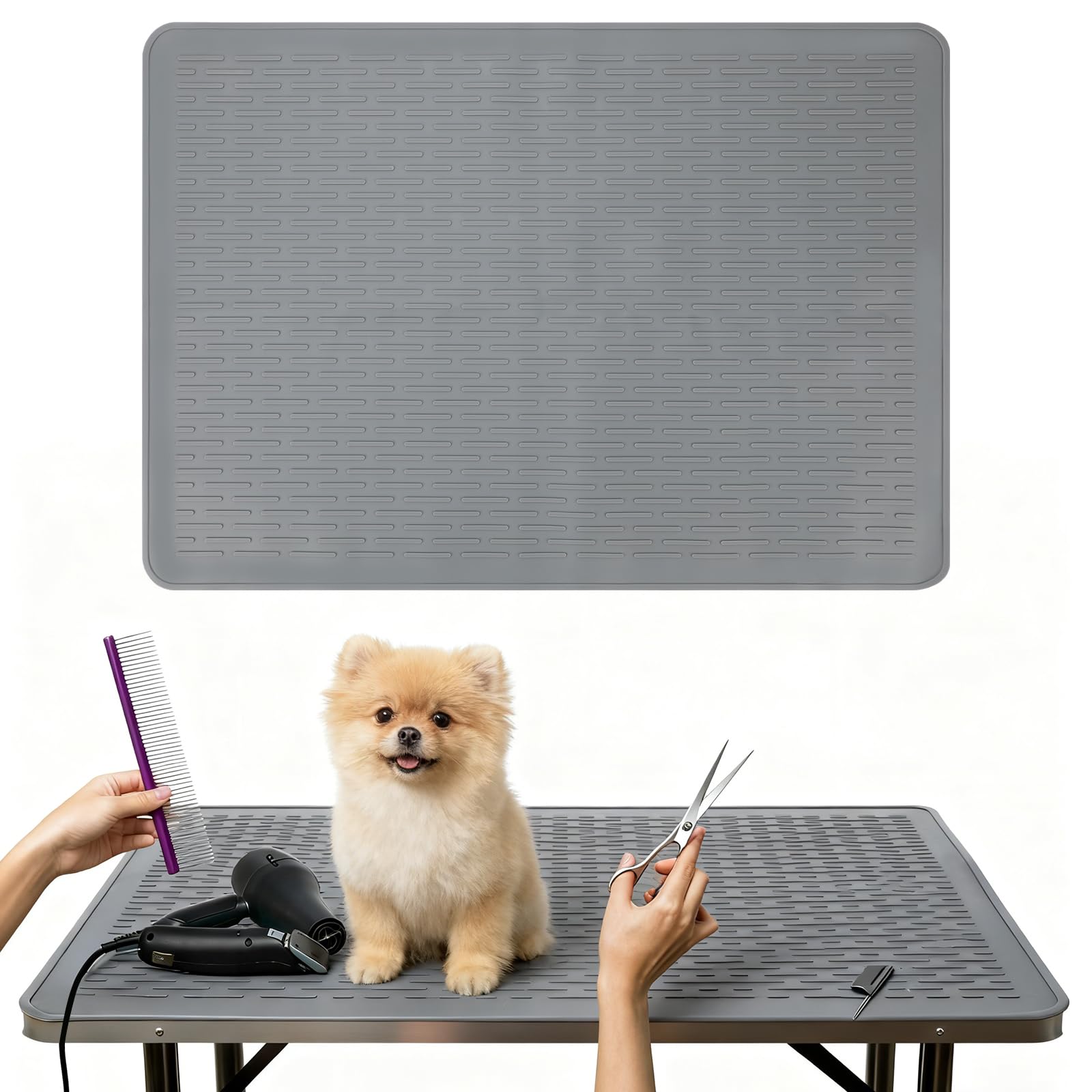 Photo 1 of Dog Grooming Table Mat Pad Non Slip, Multipurpose Soft Pet Grooming Table Mats at Home, 28 x 19.7 Inch Silicone Durable Anti-Fatigue Groomer Mats Paw Protection Easy-Clean Cat Dog Bath Mat (Grey)