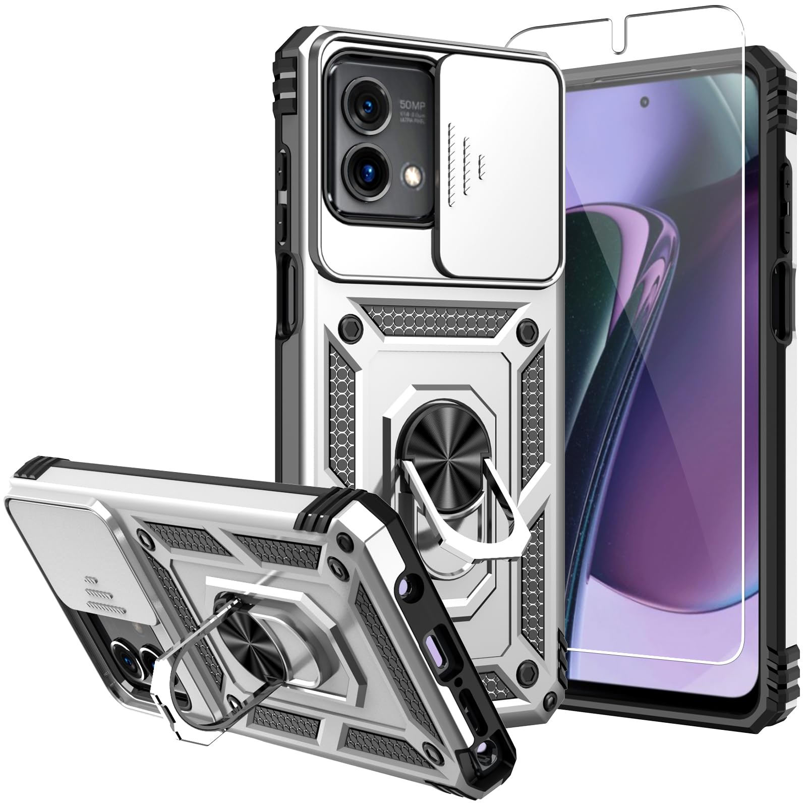 SMKY for Moto G Stylus 5G 2023 Case,[Not fit 4G or 2022 Version],with Screen Protectors and Camera Cover,16ft.Drop Tested Cover with Magnetic Kickstand Protective Case for G Stylus 5G 2023 (Silver)