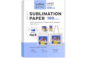 Printers Jack Sublimation Paper - 8.5 x 11 Inches, 100 Sheets 120gsm for Any Epson Sawgrass Inkjet Printer with Sublimation Ink, Heat Transfer Sublimation Paper for T-shirt, Mugs, Light Fabric