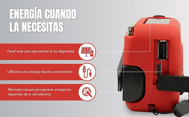 RÁDIO SOLAR DE EMERGÊNCIA com manivela e carregamento USB-C, rádio portátil AM/FM com bateria recarregável de 2000mAh, lanterna LED, power bank, ideal para campismo, sobrevivência, excursões, apagões e casa — foto 8 de 8