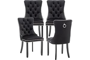 Kiztir Velvet Dining Chairs Set of 4, Upholstered Dining Room Chairs with Ring Pull Trim and Button Back, Luxury Tufted Dining Chairs for Living Room, Bedroom, Kitchen (Black)