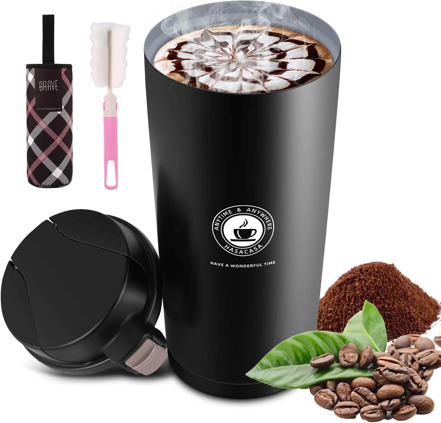 Travel Mug- Coffee Travel Mug with Ceramic Coating, Reusable Coffee Cup for Men and Women, Stainless Steel Thermos Travel Mug for Any Hot and Cold Drink 17oz (Black, 480ml)