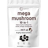 Micro Ingredients 10‑in‑1 Mega Mushroom Complex Supplement – Lions Mane, Cordyceps, Reishi, Chaga & More – 240 Softgels with MCT Oil – 4 Month Supply – Adaptogenic Functional Mushroom Blend