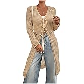 MakeMeChic Women's Long Sleeve Crochet Tops Hollow Out Knitted Cardigan V Neck Tie Front Long Outerwear
