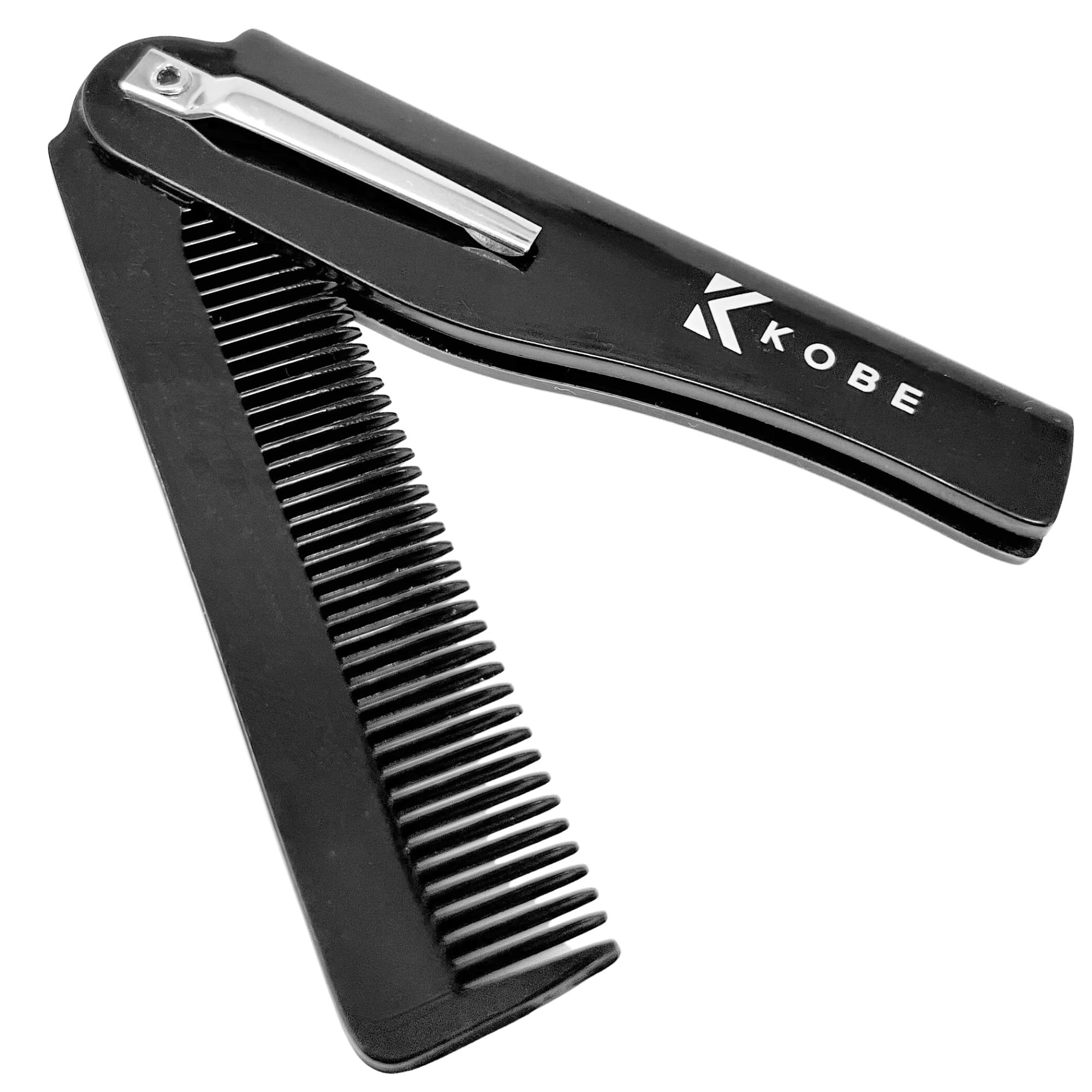 Kobe Fine Tooth Foldable Beard Comb - Portable Grooming Tool with Metal Pocket Clip