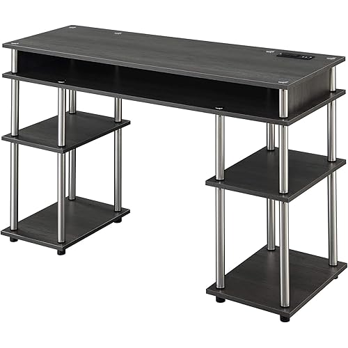 Convenience Concepts Designs2Go No Tools Student Desk with Charging Station and Shelves, Charcoal Gray