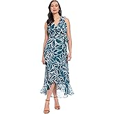 London Times Womens Sleeveless Ruffle Detail Faux Wrap Tie Midi Dress