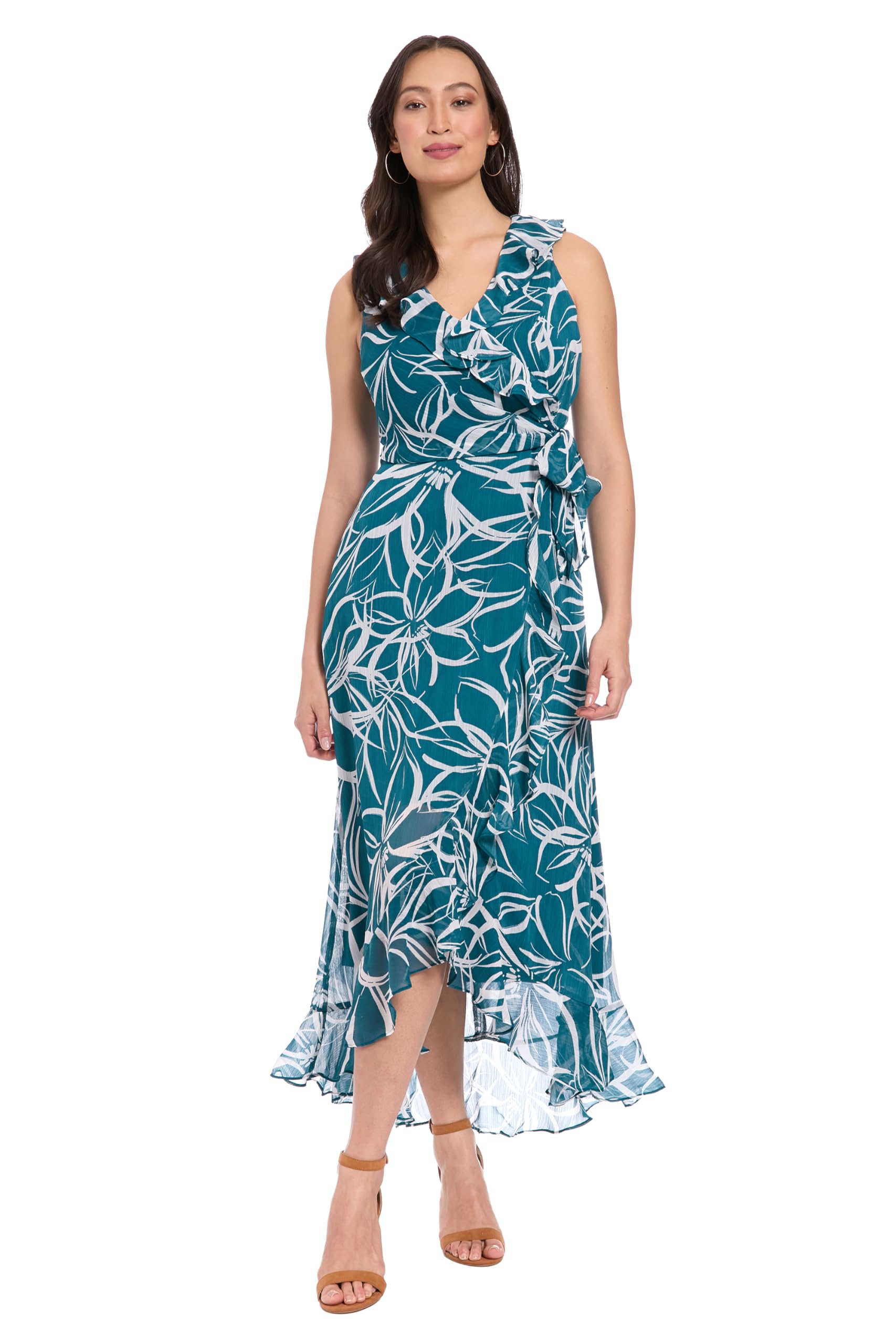 London Times Women’s Dresses Sleeveless Ruffle Detail Faux Wrap Tie Midi Dress, Legion Blue/Soft White, 20