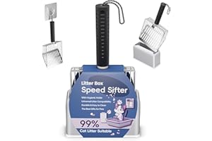 Aoktech Stainless Steel Cat Litter Scoop with Holder Metal Scooper, Stainless Steel Poop Sifting Tool, Durable Non-Stick Heavy Duty Sifter, Easy Clean with Hook（Black） Suitable for All Litter Boxes