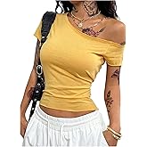 SOLY HUX Women's Off The Shoulder Top Short Sleeve Fitted Tee Vintage Y2k Asymmetrical T Shirt