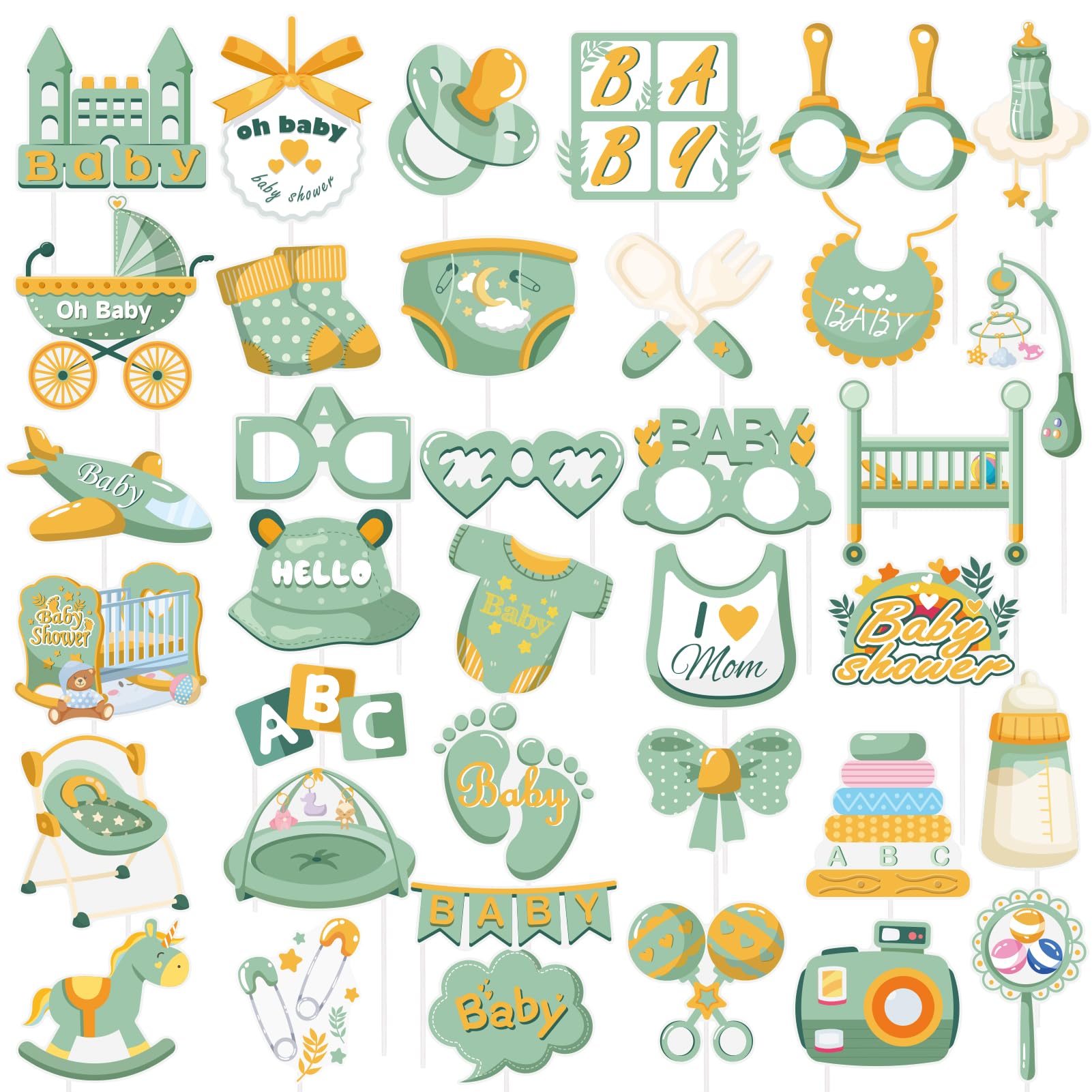 SUNBEAUTY 36 PCS Sage Green Baby Shower Photo Booth Props - Neutral & Greenery Baby Shower Decorations