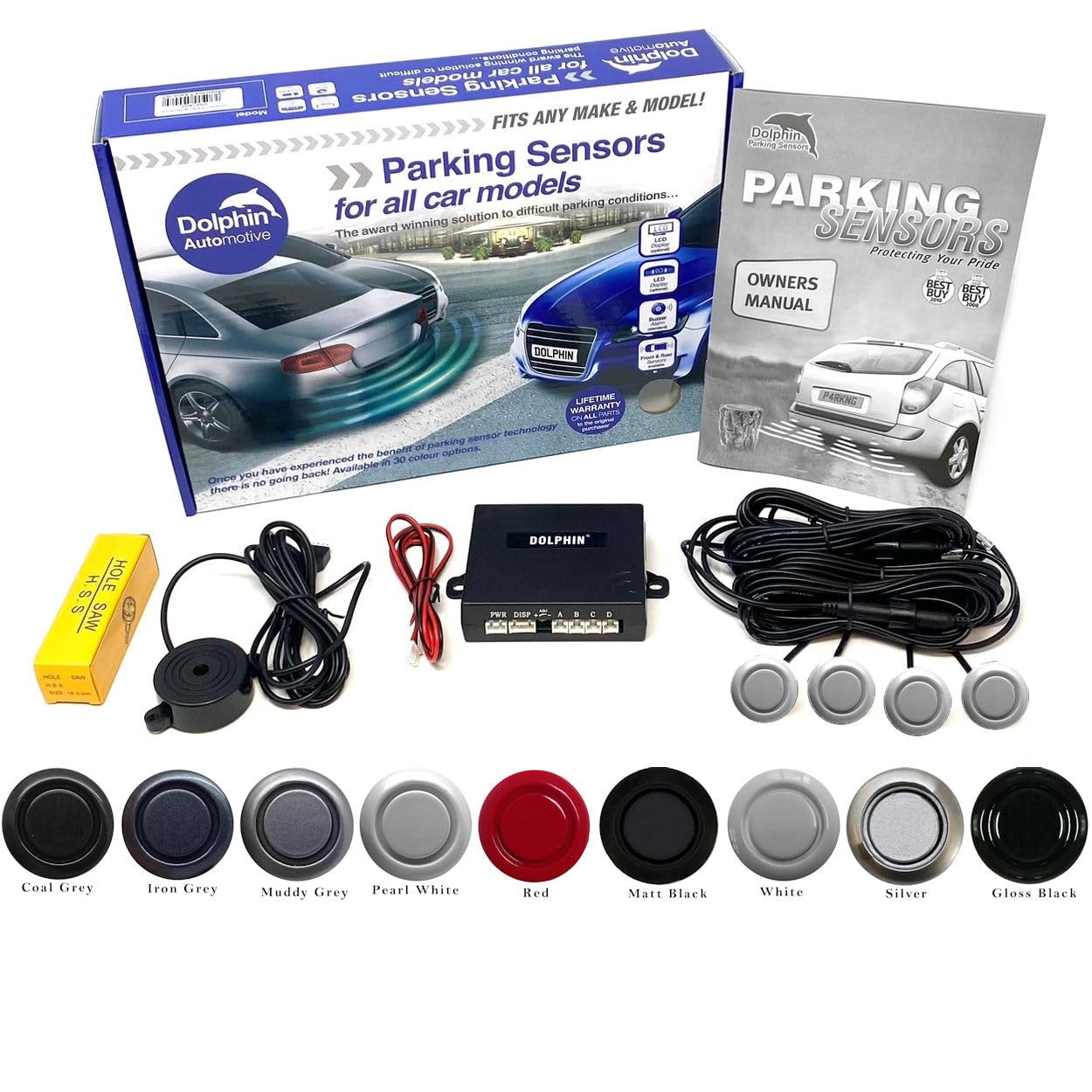Dolphin Automotive DMS400 Micro Size Reverse Parking Sensors - 4 Rear Sensors With Audio Alerts - Auto Express Award Winning Brand In 9 Colours (Pearl White)