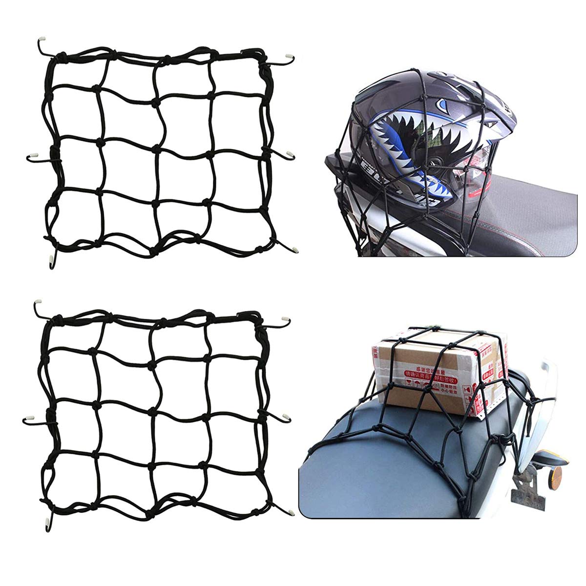 Motorcycle Helmet Net, 2 Pcs Luggage Bungee Nets With 6 Pcs Hooks, For Motorcycles, Bikes and ATVs, Black, 30 cm