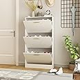 NOVAMAISON Narrow Shoe Storage Cabinet, Shoe Cabinet for Entryway with 3 Flip Drawers, Wood Hidden Shoe Rack with Doors, Freestanding Shoe Organizer Cabinet for Hallway, White