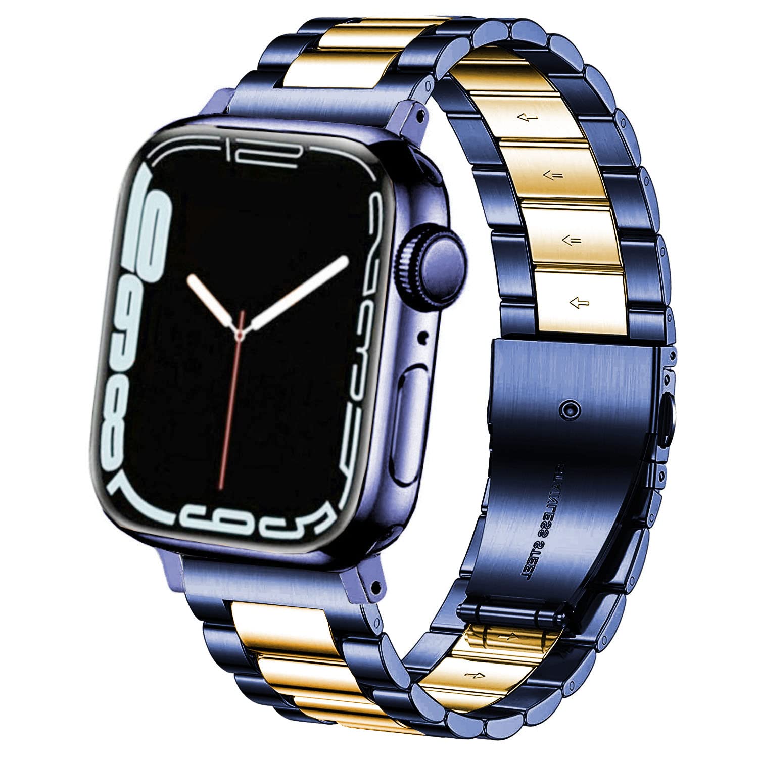 DEALELE Strap Compatible with iWatch 42mm 44mm 45mm 46mm 49mm, Solid Stainless Steel Metal Replacement Bands for Apple Watch Series 10/9 / 8/7 / 6/5 / 4/3 / Ultra/SE Women Men, Blue-Gold