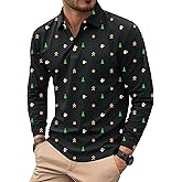 Mainfini Men's Christmas Polo Shirt Long Sleeve Santa Tree Full Pattern Business Casual Holiday Wear (M-3XL)