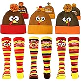 LUKBERA 6 Pcs Thanksgiving Turkey Trot Costume Set - 3 Pcs Turkey Hat & Running Socks, Autumn Fall Beanie Hats & Mid-Calf Socks for Women & Men
