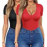 HOTOUCH Deep V Neck Tops for Women Sexy Low Cut Summer Ribbed Knit T Shirts Slim Fit Stretchy Basic Fashion Tee