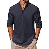 COOFANDY Men's Casual Henley Shirts Long Sleeve Band Collar Lightweight Beach Shirts Summer T-Shirts