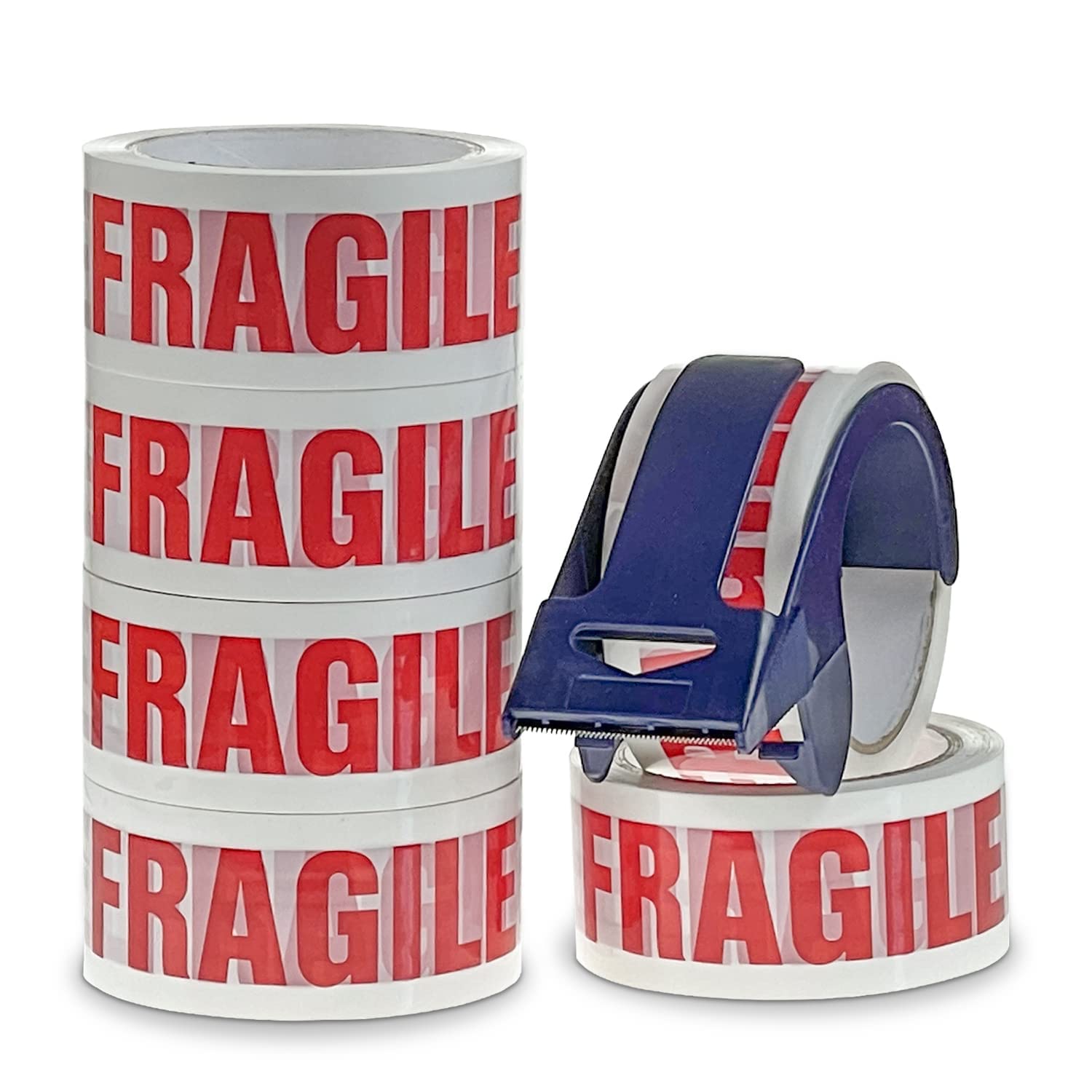 Fragile Tape & Dispenser | 6 Rolls 48mm x 50m | Strong Parcel Tape For Moving with 'Fragile' Print | Easily Seals Parcels & Boxes
