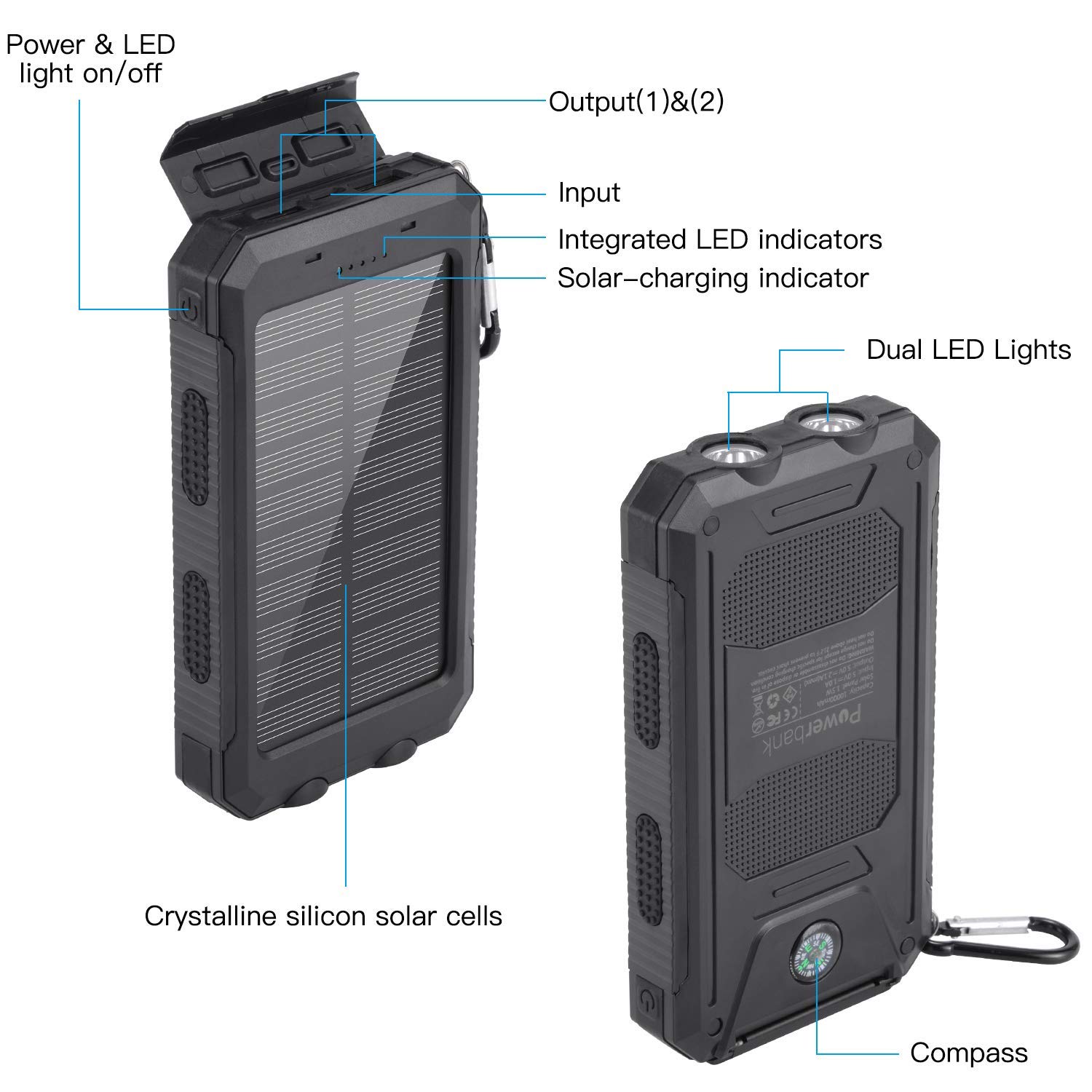 Batterie Externe Solaire 10000mAh, Chargeur Solaire avec Deux Lampes LED, Imperméable en Plein Air Double Sortie USB pour iPhone, iPad, Smartphone et Tablette, etc.