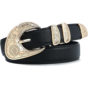AWAYTR Women's Belt for Jeans and Dresses, Fashion Leather Belt with Western Engraved Gold Buckle
