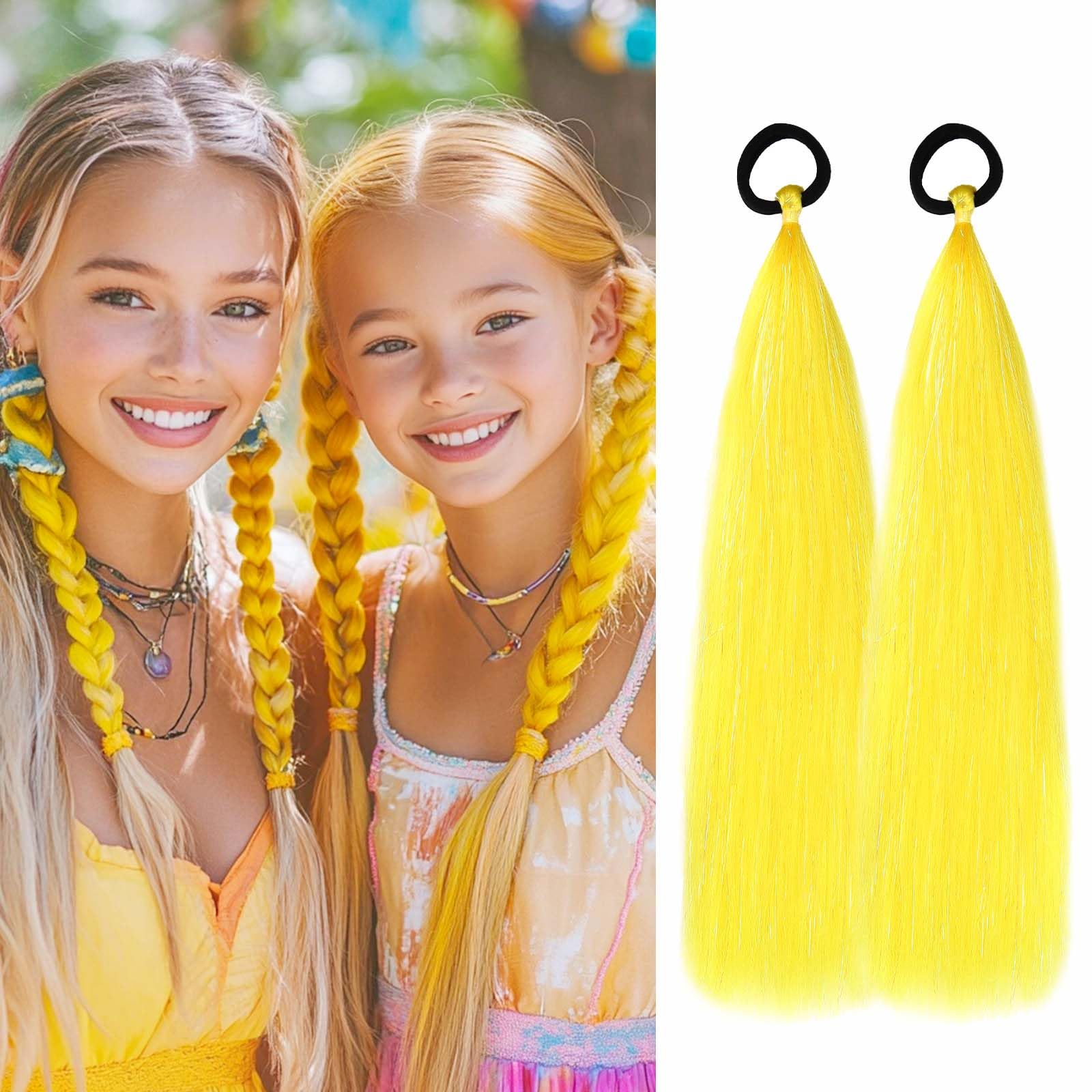 Rainbow Ponytail Extensions with Hair Tie 2 Packs 40g/Pack Coloured Hair Extensions for Braiding 18 inch Colorful Ombre Mermaid Pony Tail Synthetic Hair Extensions for Girl Women SSYellow — image 1