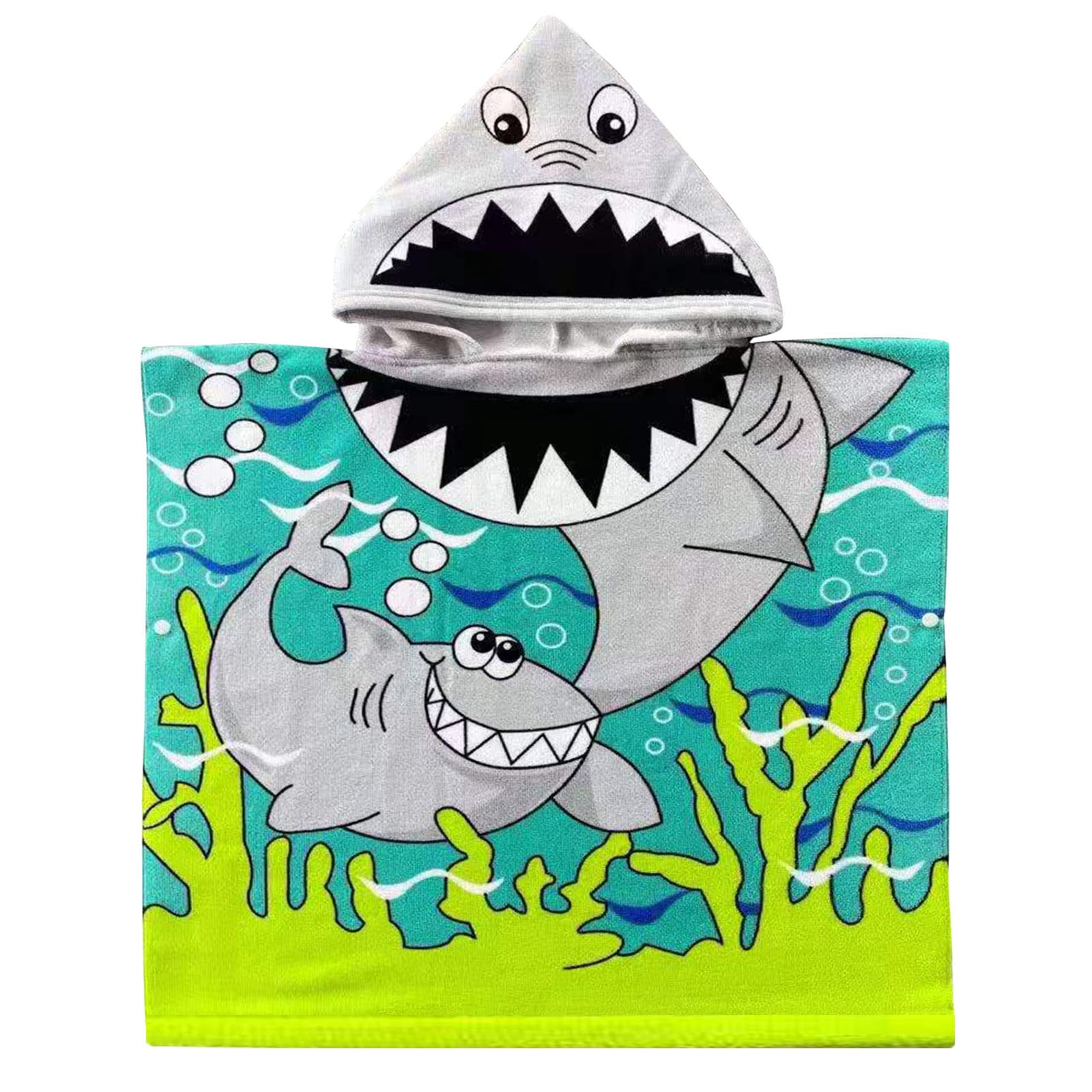 COSORO Green Shark Hooded Poncho Towel for Kids,60x90cm Kids Beach Towel Poncho Swimming Towels,Beach Robe Childrens Bath Towel Poncho for Swimming Pool,Childs Towel Bathrobe for Girls Boys Age 2-6