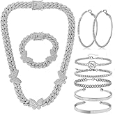 XKAWRT Butterfly Miami Hip-hop Cuban Chain, Rhinestone Butterfly Necklace Bracelet Earrings Jewelry set for Women