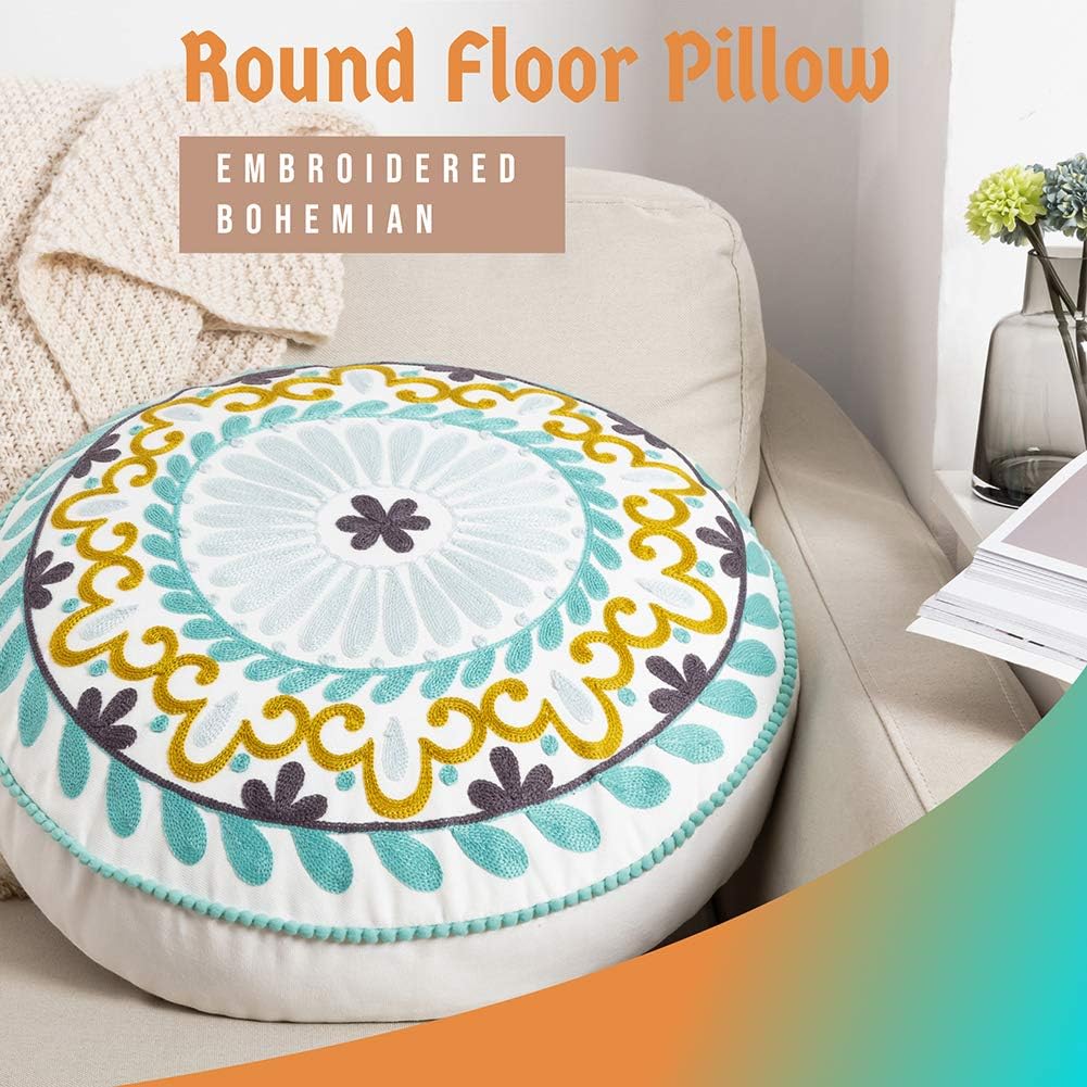 Colorful Bohemian Embroidered Round Floor Cushion, Modern Home Décor Pillow for Meditation, Yoga, and Boho Chic Seating Area Floor Pillow – Accent Your Living Room, Bedroom (18 inch Approx): Home & Kitchen