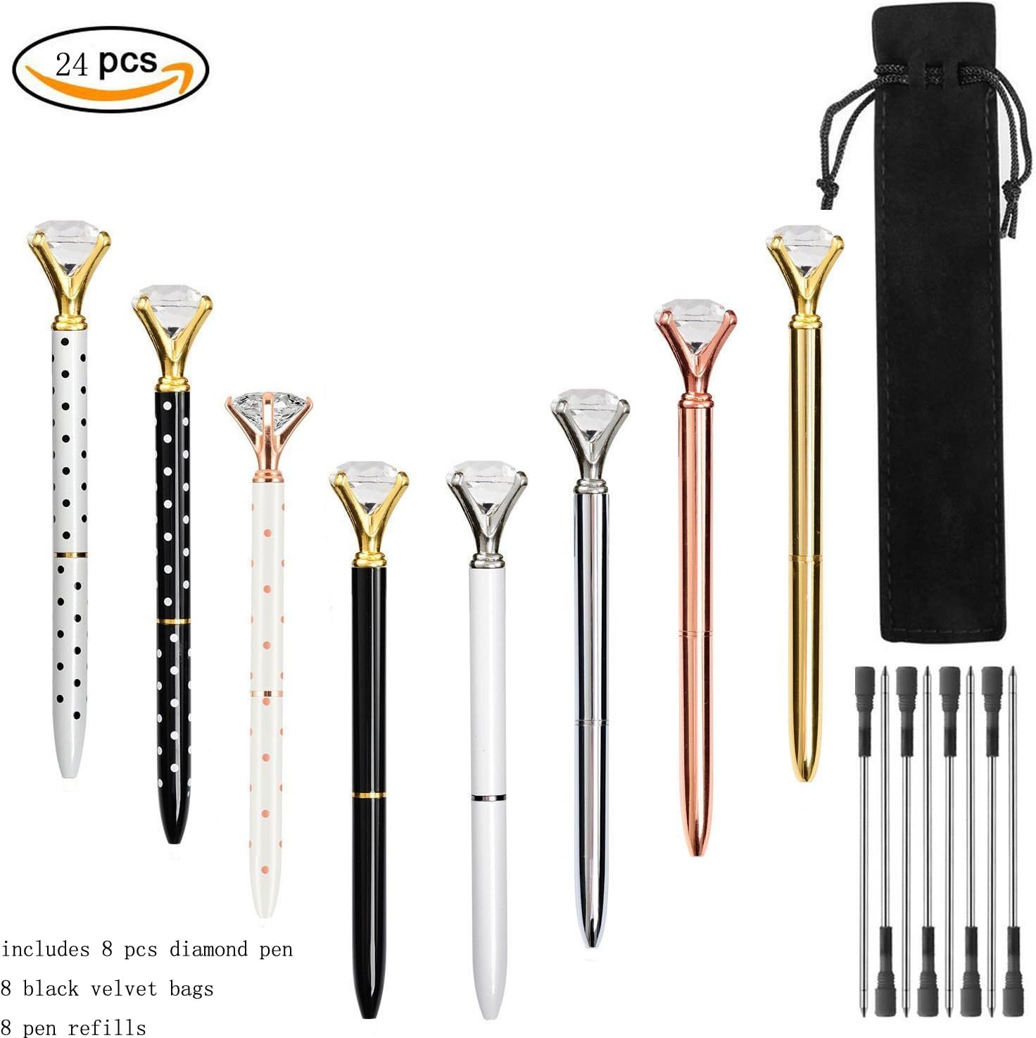 MXF 8 pieces Crystal Diamond Pen, Beautiful Bling Metal Ballpoint Pen for Women,Kids,Girls, Include 8 pieces Ballpoint Pen Refills and 8 pieces Black Velvet Bags.