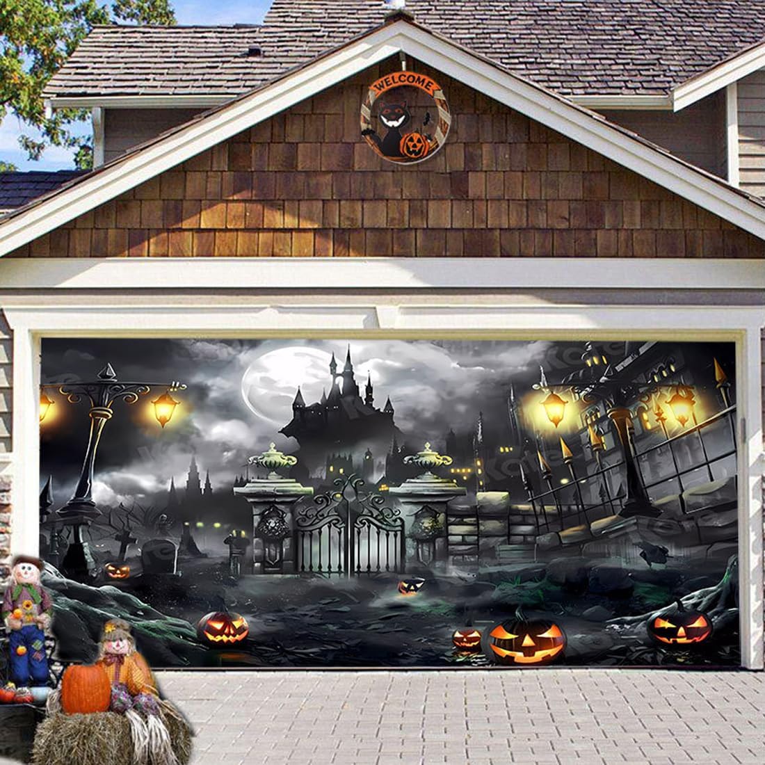 Garage Door Decorations - 16 x 7 ft Halloween Garage Door Banner Cover Halloween Banner Happy Halloween Backdrop Garage Door Decorations for Home Porch Yard Holiday Party (Castle)