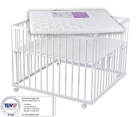 Sämann Laufgitter 100x100 Buche weiß mit Matratze, TÜV geprüft 2019, stufenlos höhenverstellbar | Laufstall Baby