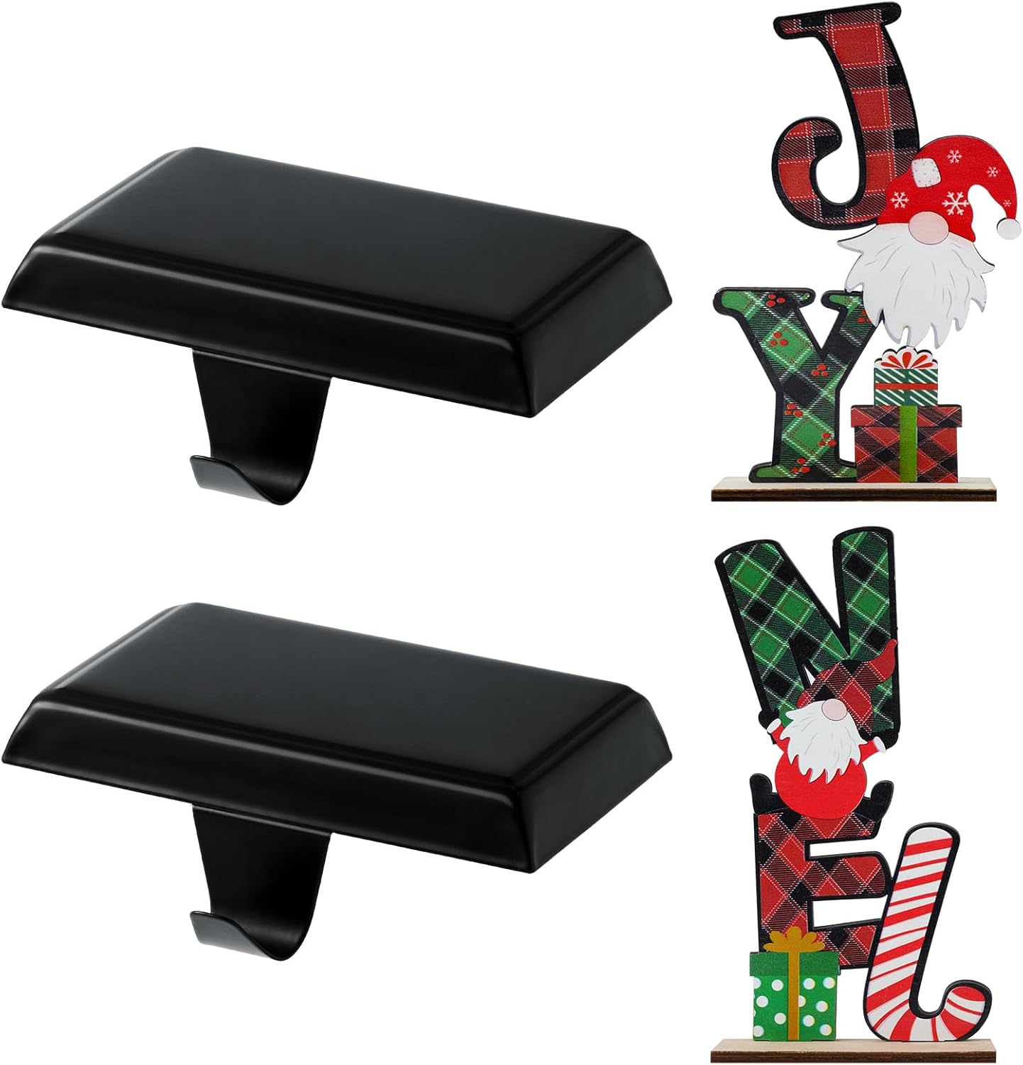 Stockings & Holders - LOVYNO 2PCS Christmas Stocking Holders Black Christmas Stocking Hangers with 2PCS Wooden Ornaments Non-Slip Stocking Holders for Mantle DIY Stocking Holders for Christmas Fireplace Mantel Decoration