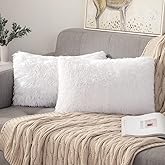 ANRODUO Pack of 2 White Throw Pillow Covers Luxury Fluffy Pillows Faux Fur Decorative Pillows Plush Cushion Case Fuzzy Mongolian Merin Style for Bed Couch Sofa Living Room Spring Decor 12x20 Inch
