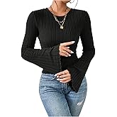 SweatyRocks Women's Bell Sleeve Crop Tops Dressy Casual Crewneck Lettuce Trim Ribbed Fitted Shirts