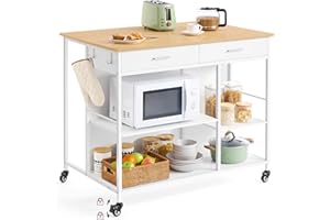 VASAGLE Kitchen Rolling Island, Mobile Kitchen Cart with Storage on Wheels, 27.6 x 43.3 x 35.4 Inches, 2 Drawers, 2 Hooks, fo