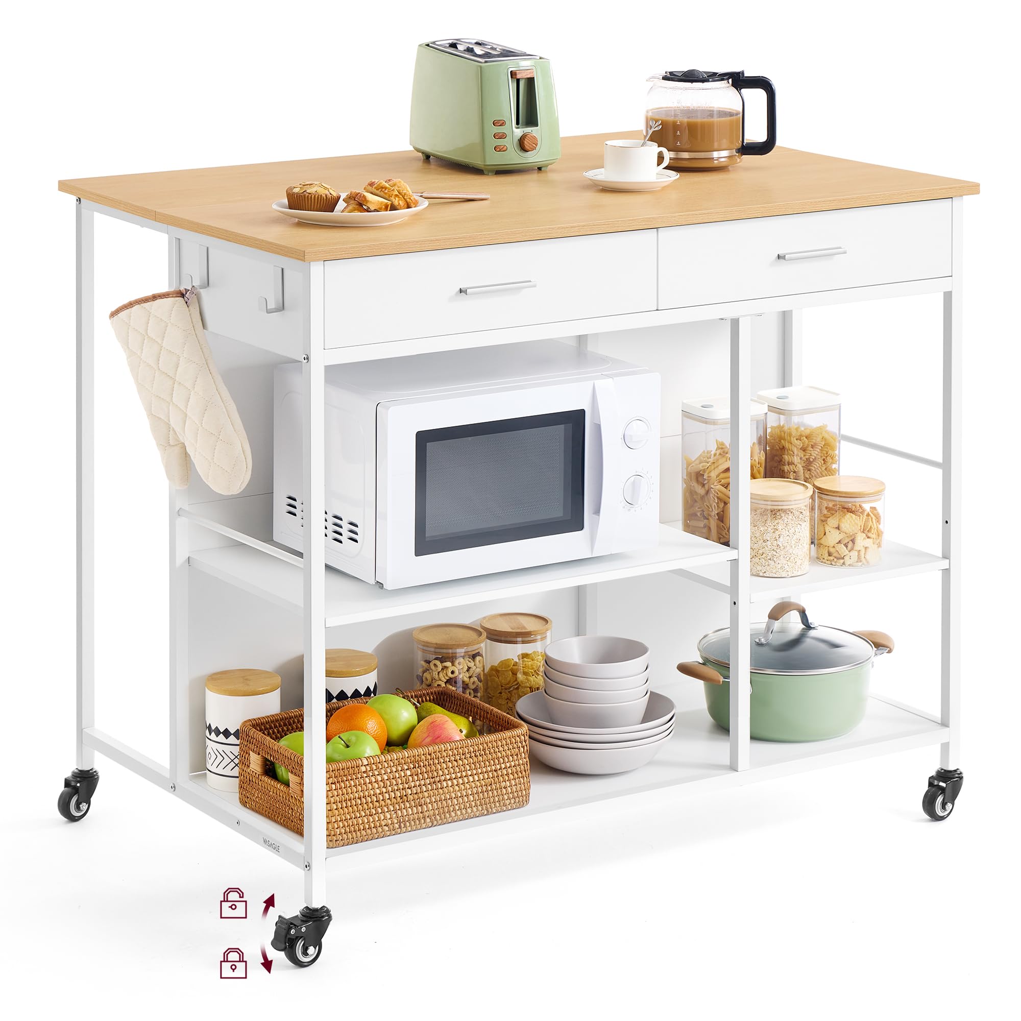 Photo 1 of **CRACKS. DIRT. DENTS. VASAGLE Kitchen Rolling Island, Mobile Kitchen Cart with Storage on Wheels, 27.6 x 43.3 x 35.4 Inches, 2 Drawers, 2 Hooks, for Dining Room, Oak Beige and Matte White UKKI011Y01