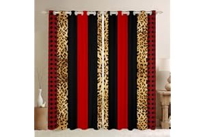 Manfei Leopard Skin Window Curtains Brown Cheetah Print Window Treatments, Red Black Plaid Stripe Print Window Drapes for Kids Boy Girls Grommet Top 2 Panel Set Bedroom Curtains, 42Wx84L inch