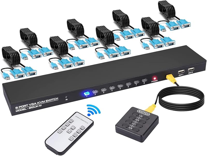 TCNEWCL 8 Port VGA KVM Switch USB 2.0 Monitor Keyboard Mouse Printer Scanner