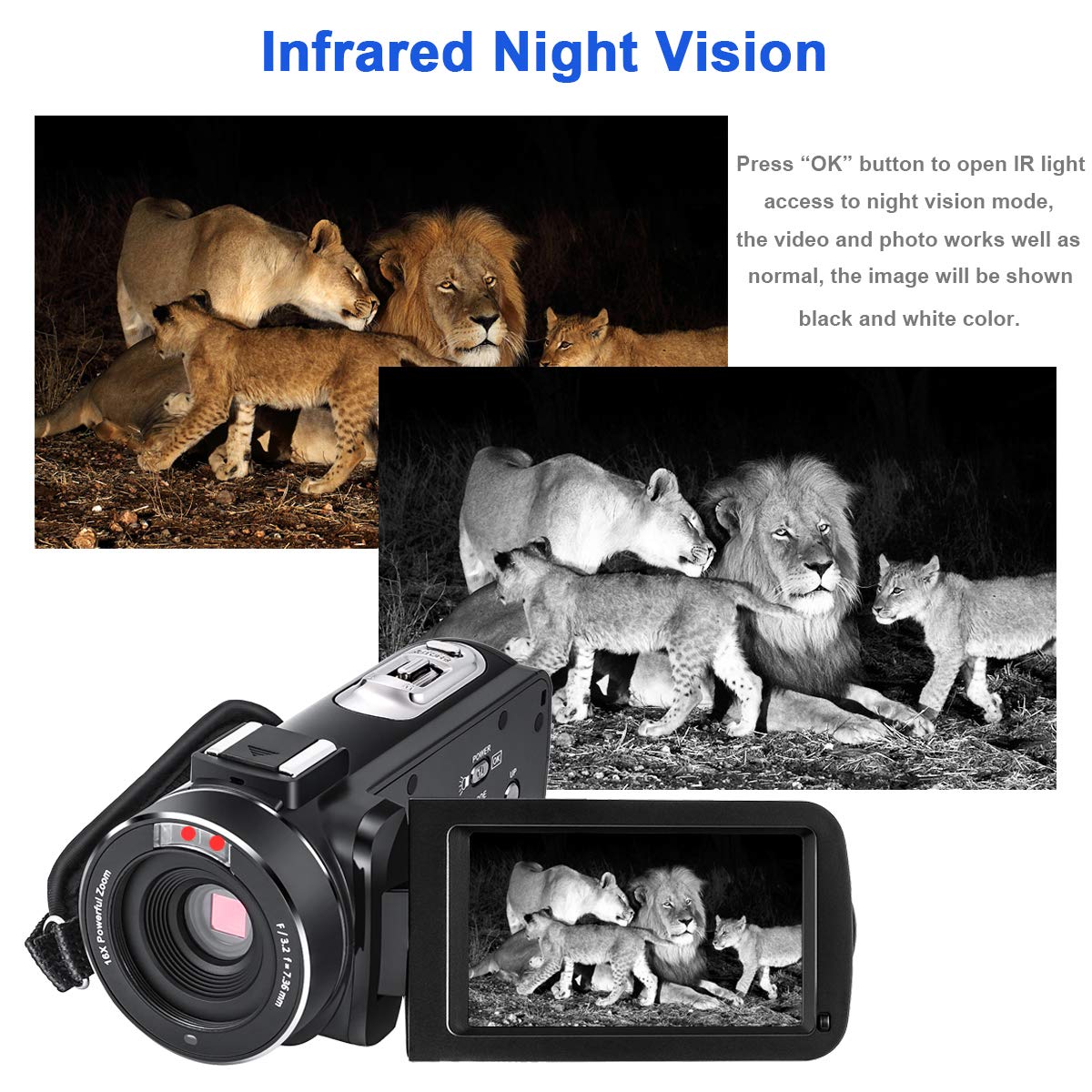 Videokamera Camcorder, Cofunkool 1080P Full HD 16X Digital Zoom Nachtsicht Vlogging Kamera mit externem Mikrofon Weitwinkelobjektiv Fernbedienung