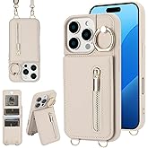 KYFSJPT Crossbody Wallet Case for iPhone 13 Pro Max, with Card Slots Zipper Pocket Case, Flip Folio Purse RFID Blocking with Ring Kickstand Detachable Strap-Beige
