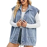 Perbai Women's Oversized Denim Vest Distressed Mid Long Sleeveless Jean Jacket Waistcoat with Pockets