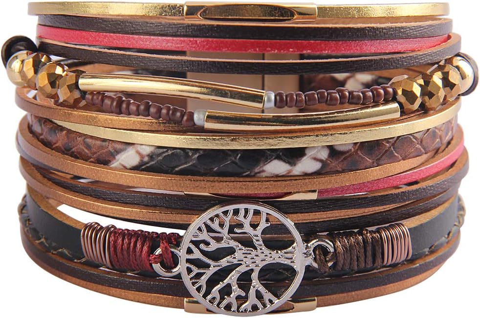 Womens Leather Wrap Bracelet Tree of Life Cuff Bracelets Magnetic Multi Strand Boho Bracelet Jewelry for Women Daughter Mum