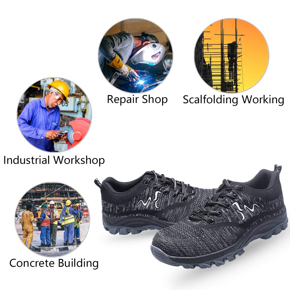 UPSTONE Work Shoes for Men, Indestructible Steel Toe Battlefield Shoes Work Safety Womens Shoes Breathable Construction Sneakers, Black 46