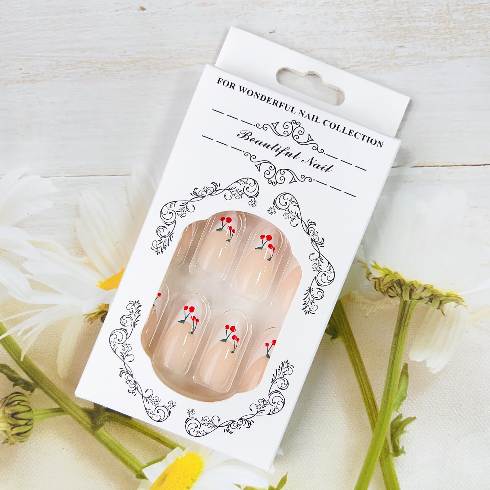 White French Tip Press on Nails Almond Summer Cherry Fake Nails Medium Length Glue on Nails Glossy Almond Medium Nails Acrylic False Nails Exquisite Design Stick on Nails for Women Girls Nail Art - Image 6